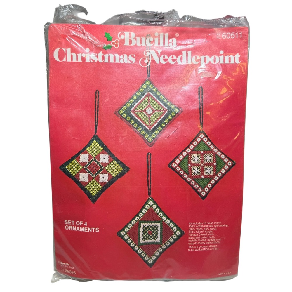 Bucilla Christmas Needlepoint Kit 60511 Set of 4 Ornaments Vintage New